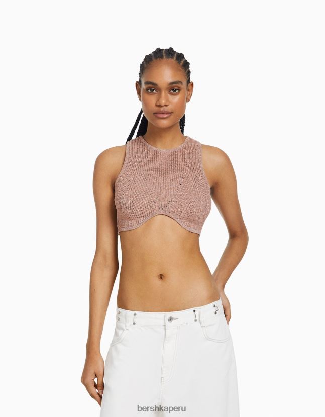 rosa Bershka mujer top de punto metalizado sin mangas 806J6B843