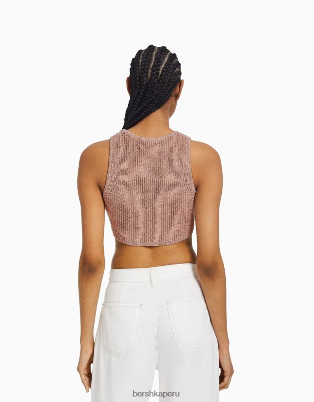 rosa Bershka mujer top de punto metalizado sin mangas 806J6B843