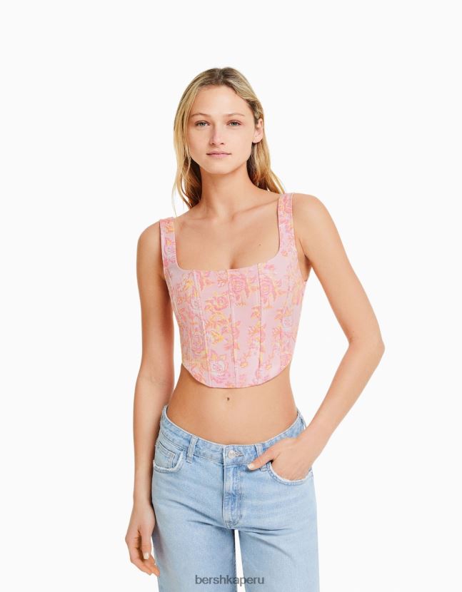 rosa Bershka mujer top estilo corsé con tiras y estampado texturizado 806J6B659