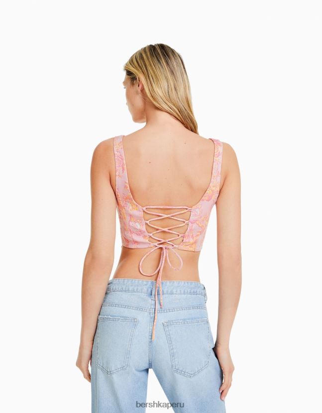 rosa Bershka mujer top estilo corsé con tiras y estampado texturizado 806J6B659
