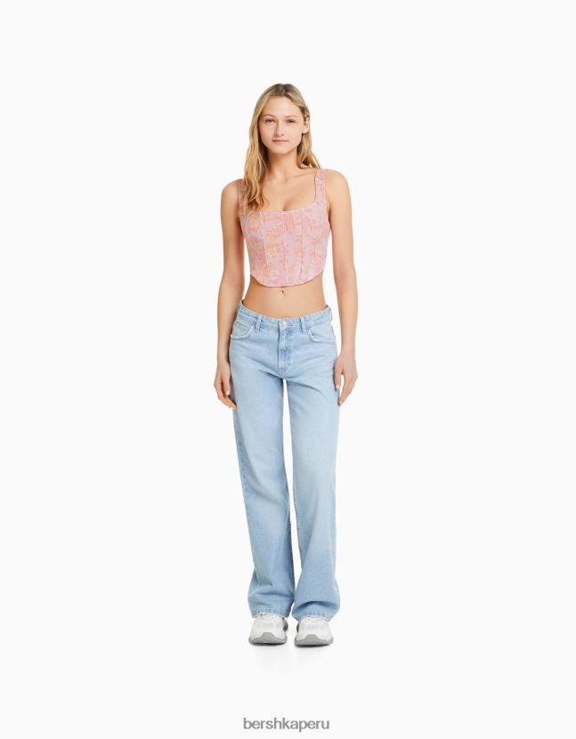 rosa Bershka mujer top estilo corsé con tiras y estampado texturizado 806J6B659
