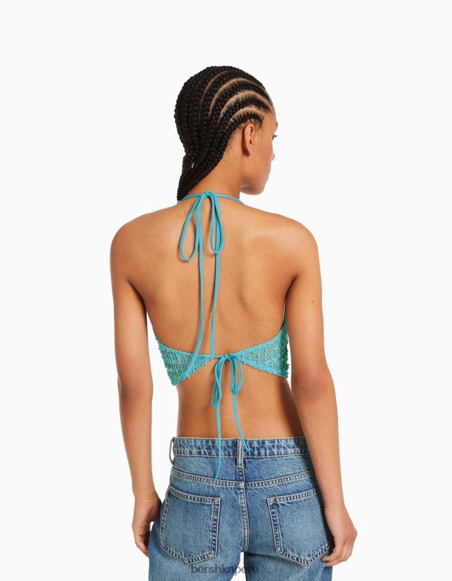 turquesa Bershka mujer top corto de malla con cuello halter 806J6B677