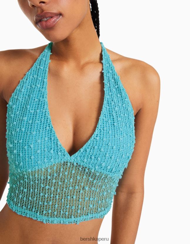 turquesa Bershka mujer top corto de malla con cuello halter 806J6B677