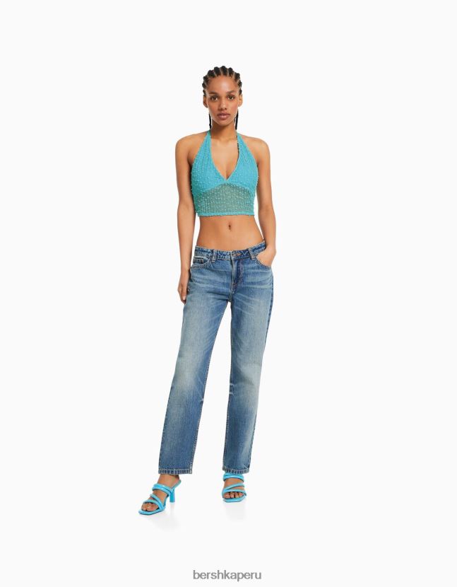 turquesa Bershka mujer top corto de malla con cuello halter 806J6B677