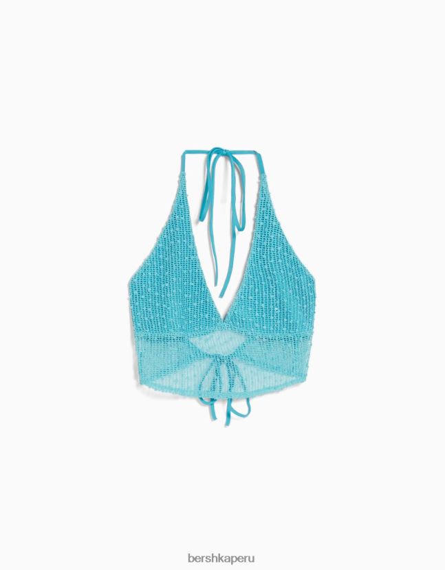 turquesa Bershka mujer top corto de malla con cuello halter 806J6B677