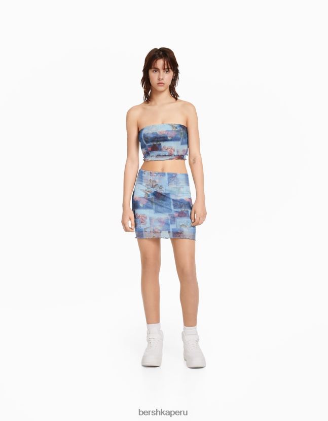 turquesa Bershka mujer top corto tipo bandeau de malla estampado 806J6B894