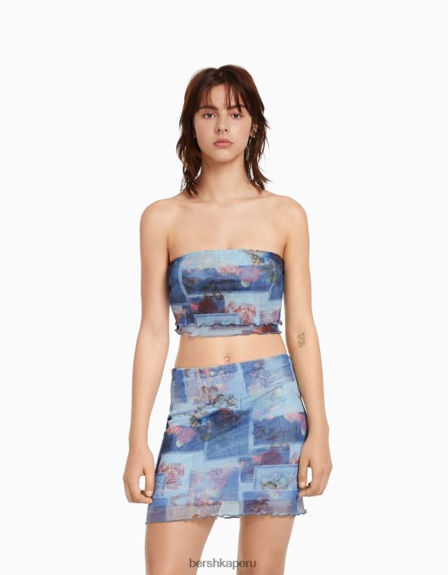 turquesa Bershka mujer top corto tipo bandeau de malla estampado 806J6B894
