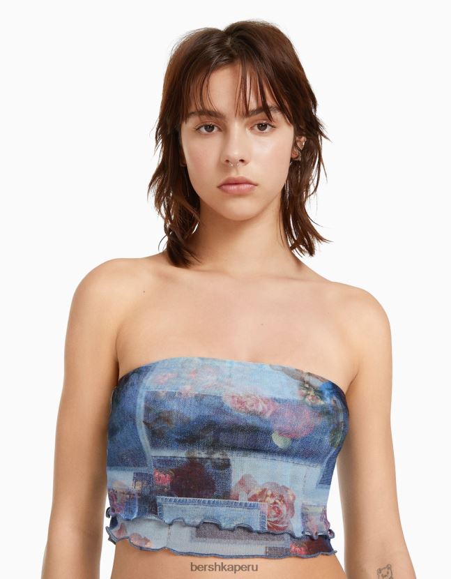 turquesa Bershka mujer top corto tipo bandeau de malla estampado 806J6B894