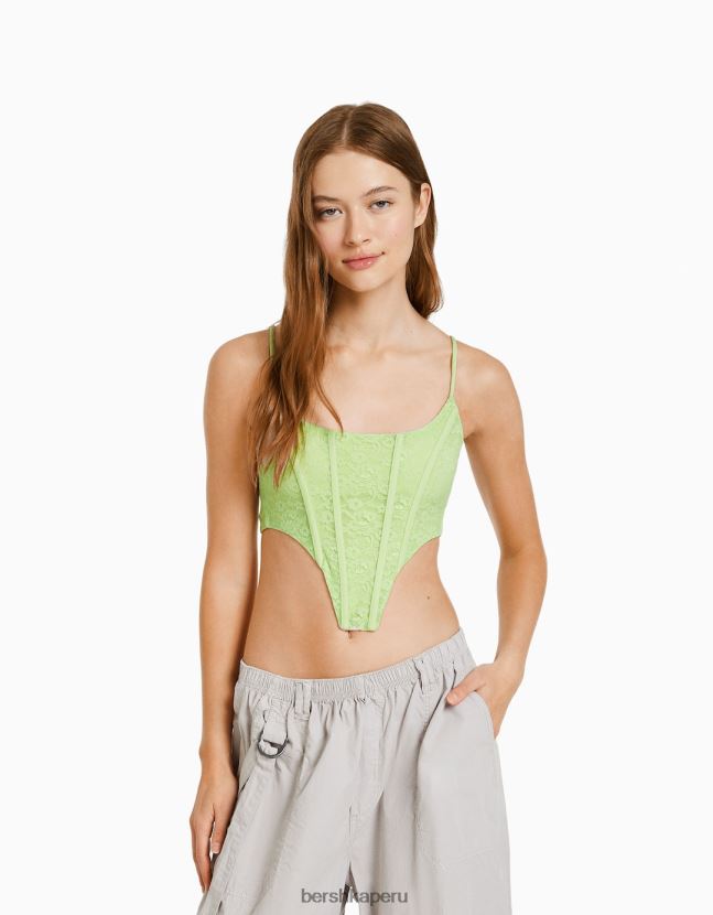 verde Bershka mujer corsé de tirantes con ribete de encaje rubio y lazo en la espalda 806J6B830