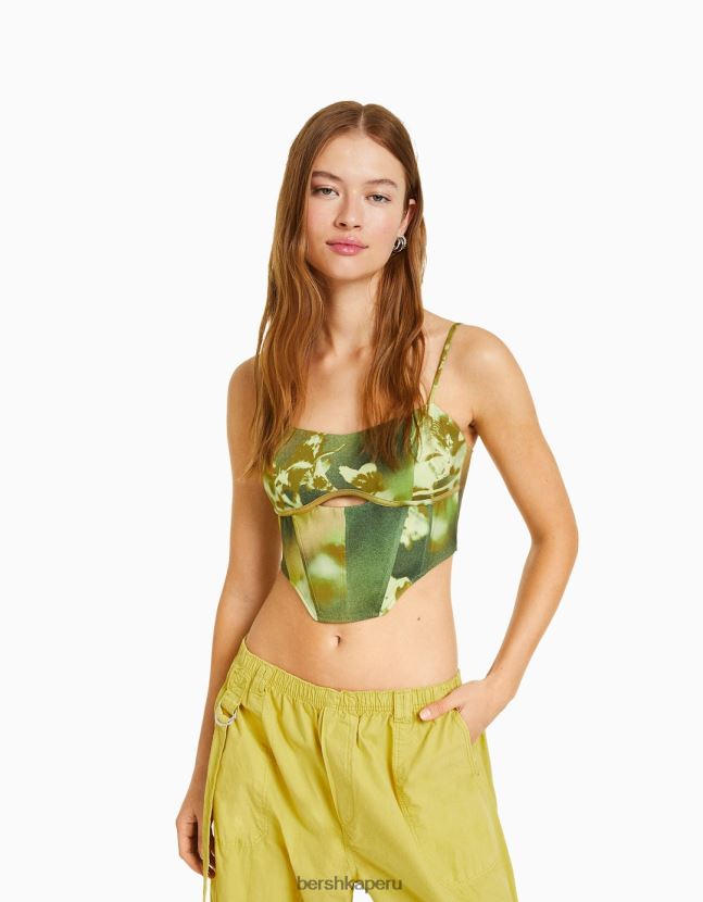 verde Bershka mujer top estilo corsé con estampado de bengalina 806J6B832