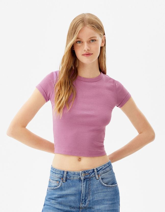 Violeta Bershka mujer camiseta ajustada de manga corta 806J6B521