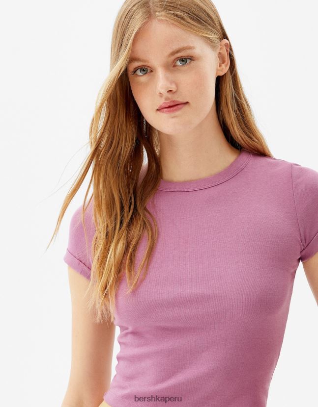 Violeta Bershka mujer camiseta ajustada de manga corta 806J6B521