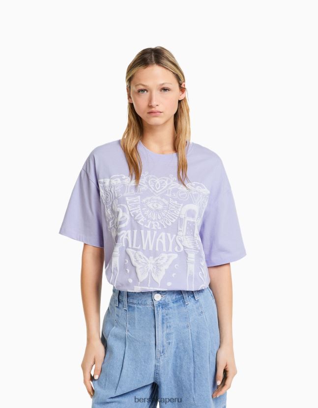 Violeta Bershka mujer camiseta de manga corta con estampado 806J6B441