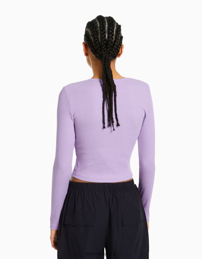 Violeta Bershka mujer camiseta de manga larga de canalé 806J6B574