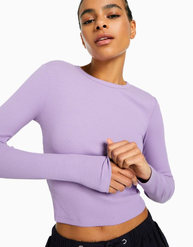 Violeta Bershka mujer camiseta de manga larga de canalé 806J6B574