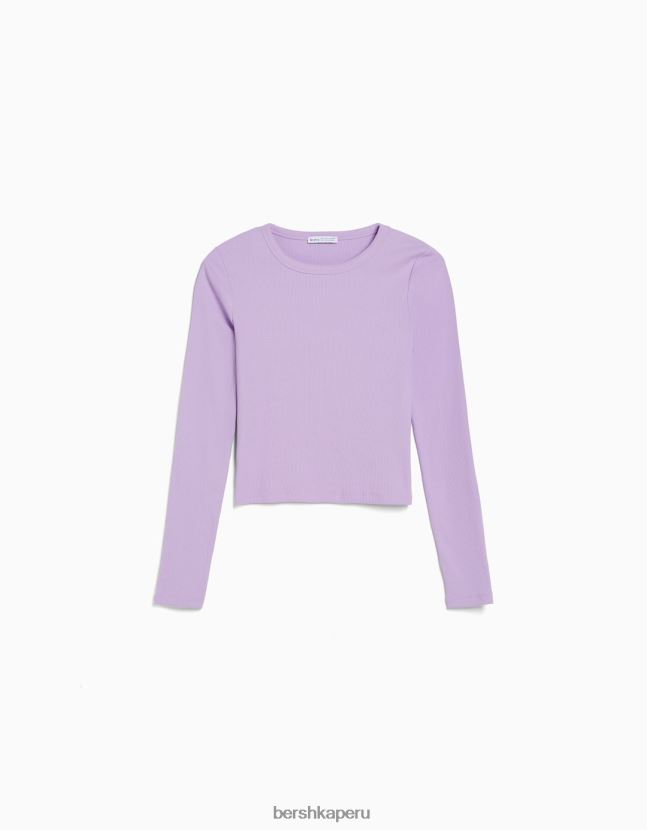 Violeta Bershka mujer camiseta de manga larga de canalé 806J6B574