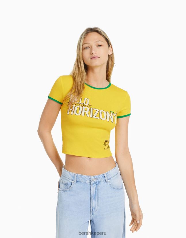 amarillo Bershka mujer camiseta de manga corta con estampado 806J6B582