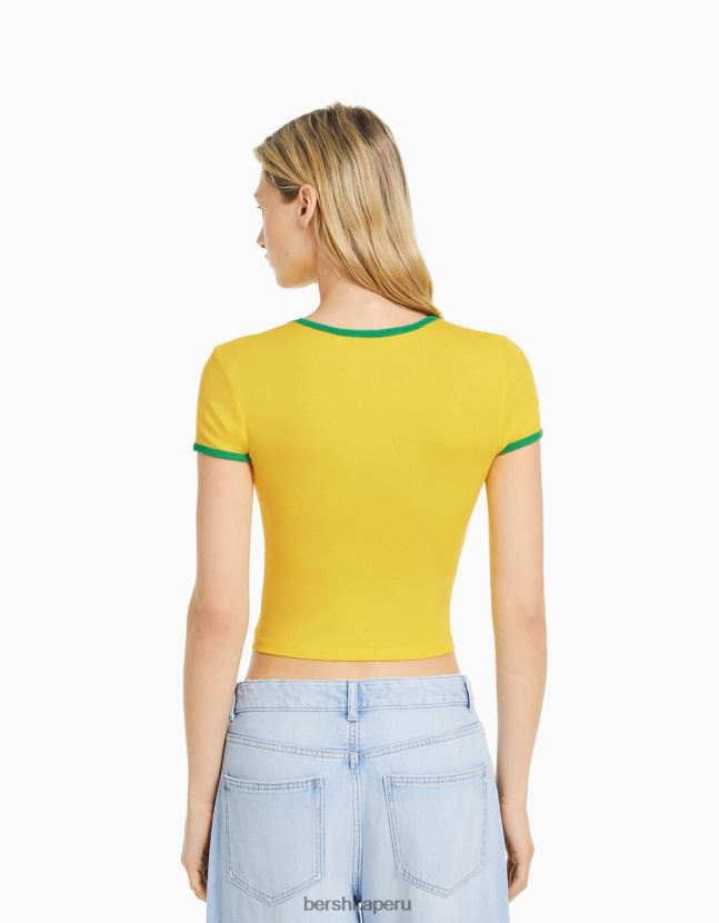 amarillo Bershka mujer camiseta de manga corta con estampado 806J6B582