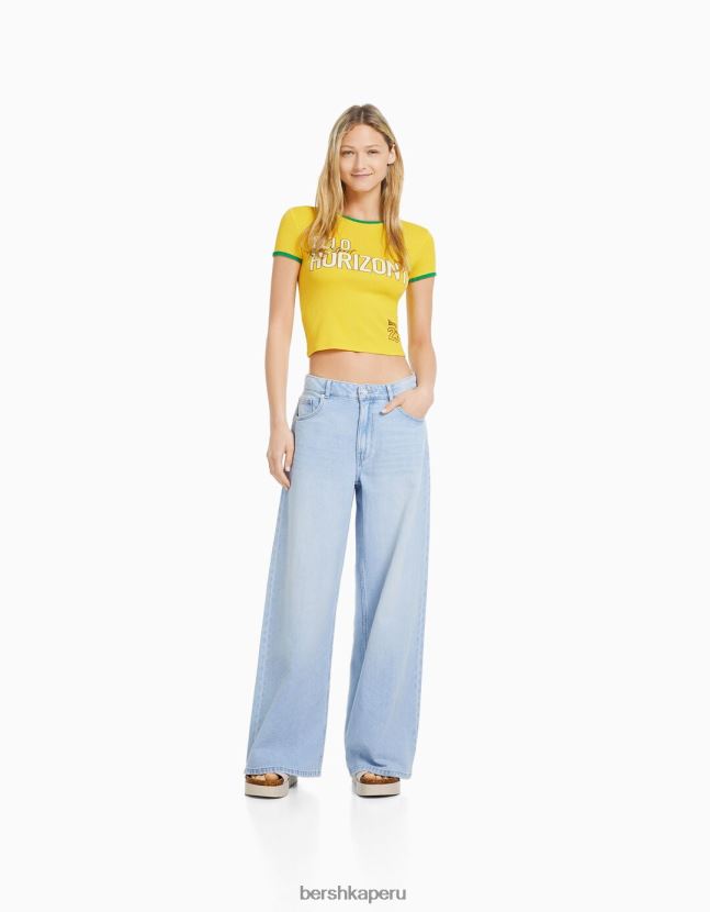 amarillo Bershka mujer camiseta de manga corta con estampado 806J6B582