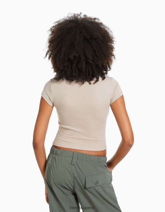 arena Bershka mujer camiseta de canalé manga corta 806J6B346