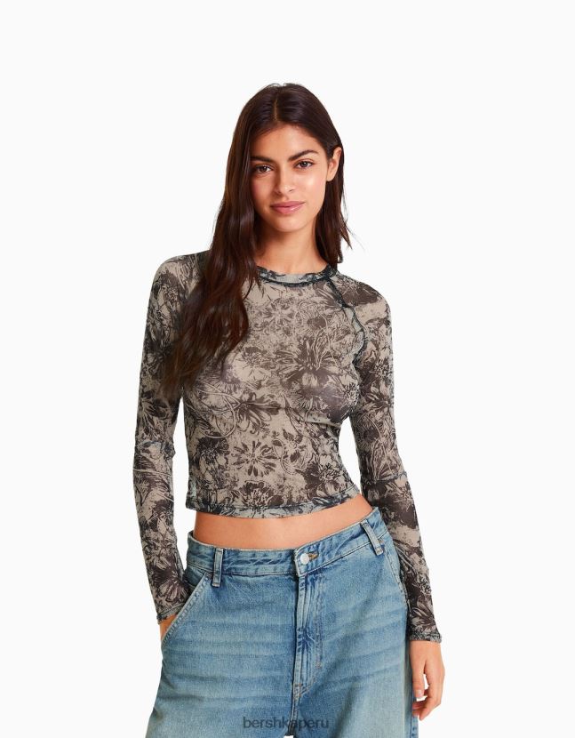 arena Bershka mujer camiseta de manga larga con manga raglán de tul 806J6B427