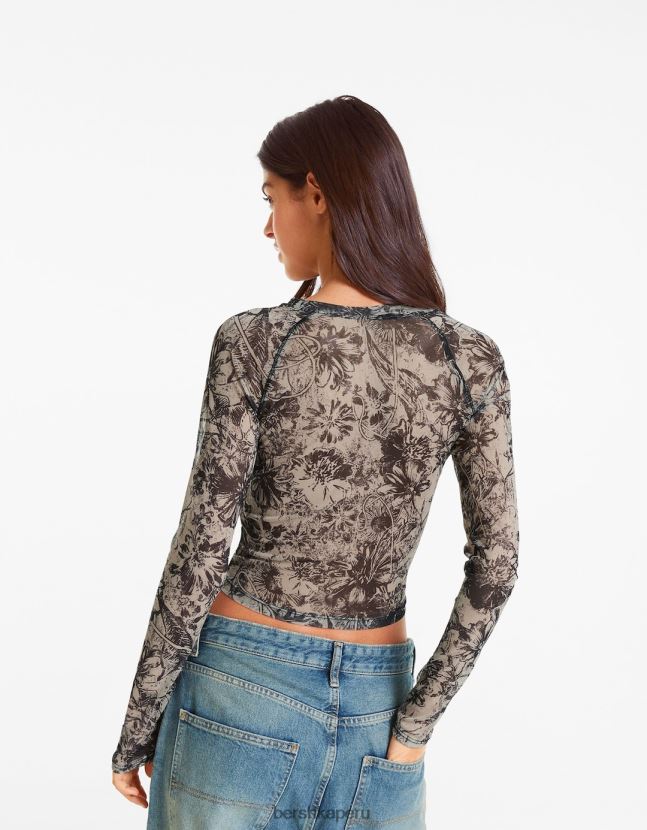 arena Bershka mujer camiseta de manga larga con manga raglán de tul 806J6B427