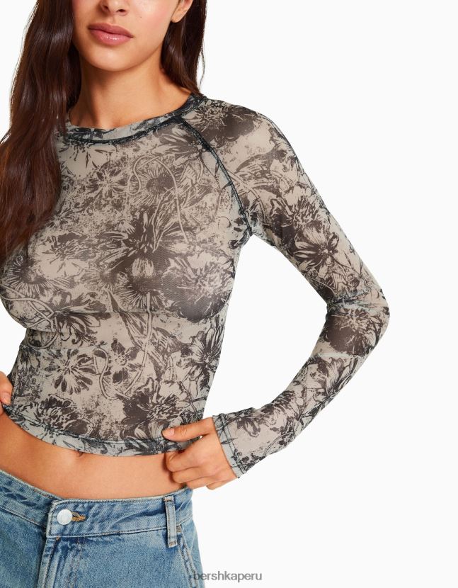 arena Bershka mujer camiseta de manga larga con manga raglán de tul 806J6B427