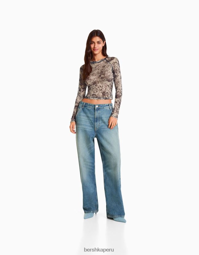 arena Bershka mujer camiseta de manga larga con manga raglán de tul 806J6B427
