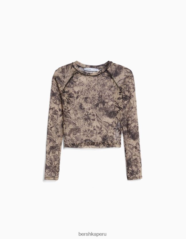 arena Bershka mujer camiseta de manga larga con manga raglán de tul 806J6B427