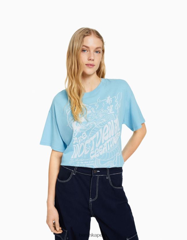 azul Bershka mujer camiseta de manga corta con estampado 806J6B507