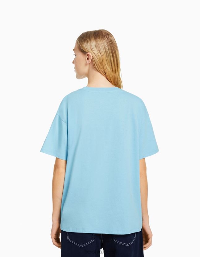 azul Bershka mujer camiseta de manga corta con estampado 806J6B507