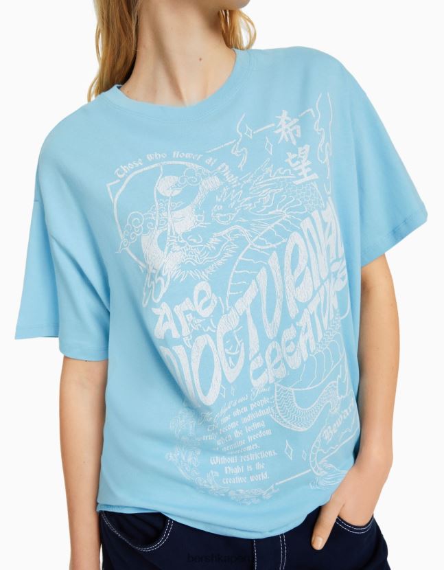 azul Bershka mujer camiseta de manga corta con estampado 806J6B507