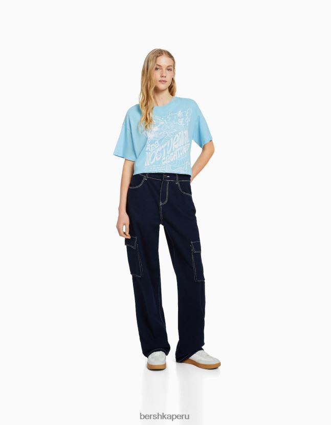 azul Bershka mujer camiseta de manga corta con estampado 806J6B507