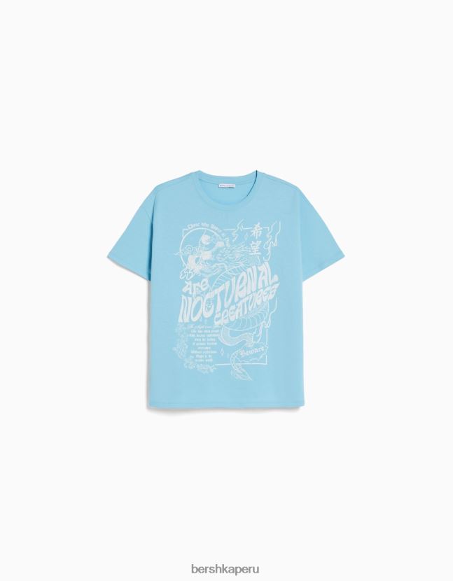 azul Bershka mujer camiseta de manga corta con estampado 806J6B507