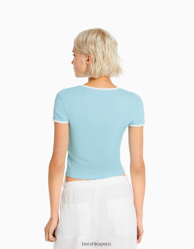 azul Bershka mujer camiseta de manga corta con estampado 806J6B613