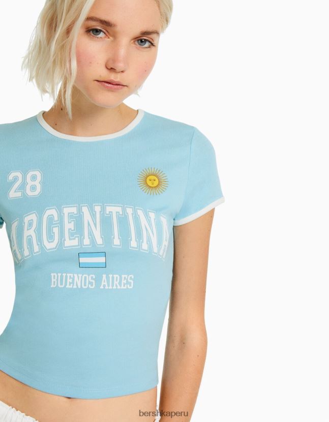 azul Bershka mujer camiseta de manga corta con estampado 806J6B613