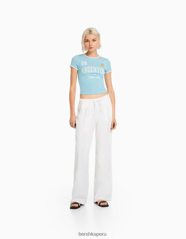 azul Bershka mujer camiseta de manga corta con estampado 806J6B613