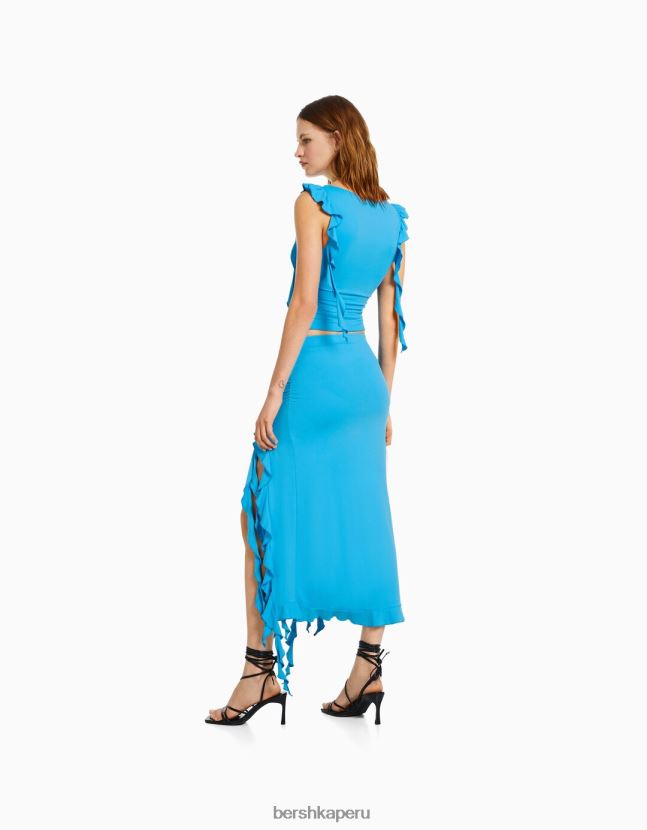 azul Bershka mujer camiseta de manga corta con volantes 806J6B300
