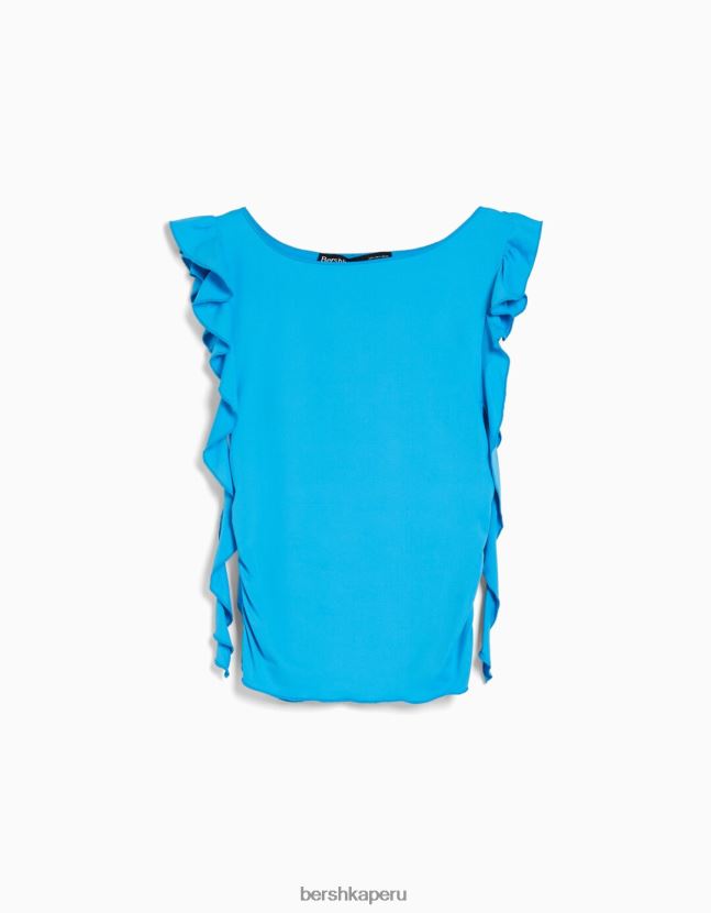 azul Bershka mujer camiseta de manga corta con volantes 806J6B300