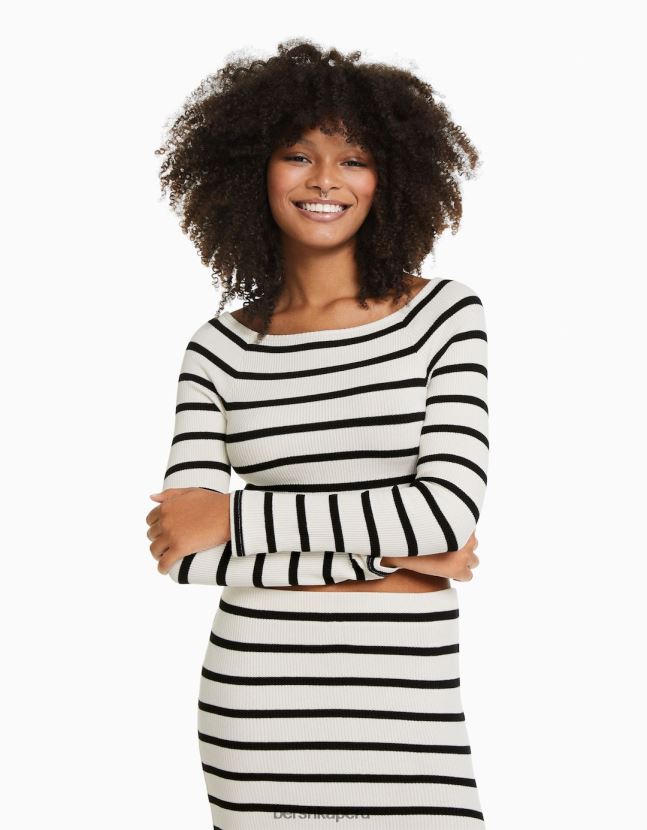 azul Bershka mujer camiseta de manga larga a rayas con cuello barco 806J6B519