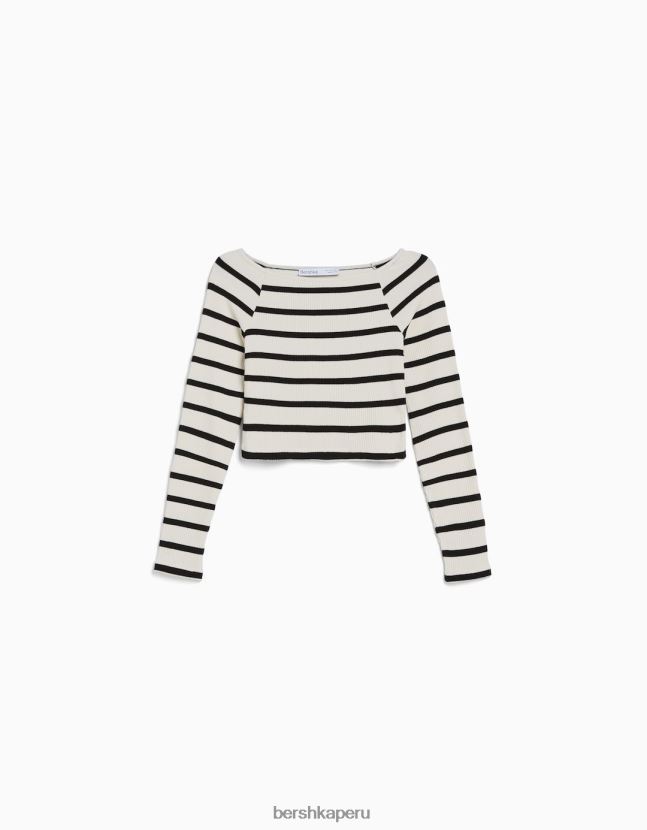 azul Bershka mujer camiseta de manga larga a rayas con cuello barco 806J6B519