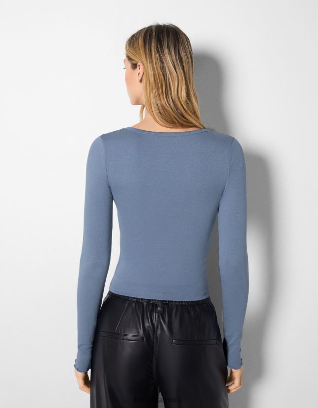 azul Bershka mujer camiseta de manga larga con cuello de pico fruncido 806J6B548