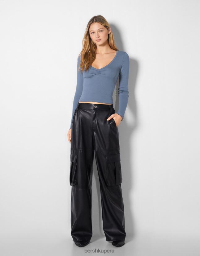 azul Bershka mujer camiseta de manga larga con cuello de pico fruncido 806J6B548
