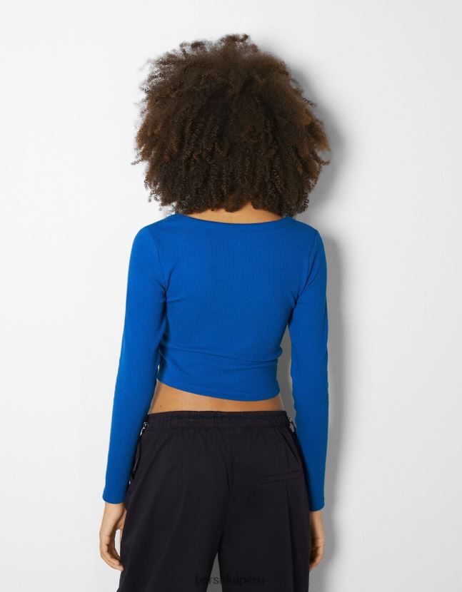azul Bershka mujer camiseta de manga larga con textura de canalé 806J6B591