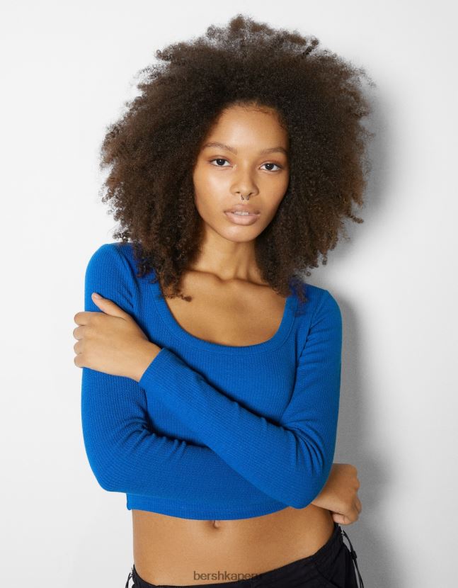 azul Bershka mujer camiseta de manga larga con textura de canalé 806J6B591