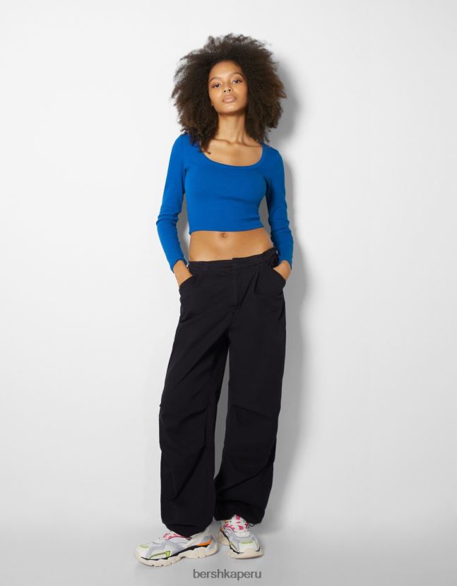 azul Bershka mujer camiseta de manga larga con textura de canalé 806J6B591