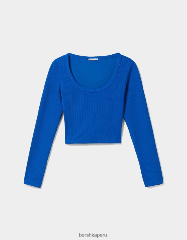 azul Bershka mujer camiseta de manga larga con textura de canalé 806J6B591