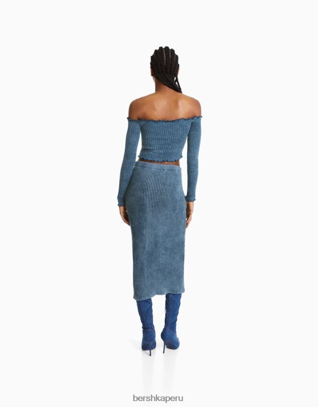 azul claro Bershka mujer camiseta ajustada de manga larga con cremallera y efecto desteñido 806J6B2044