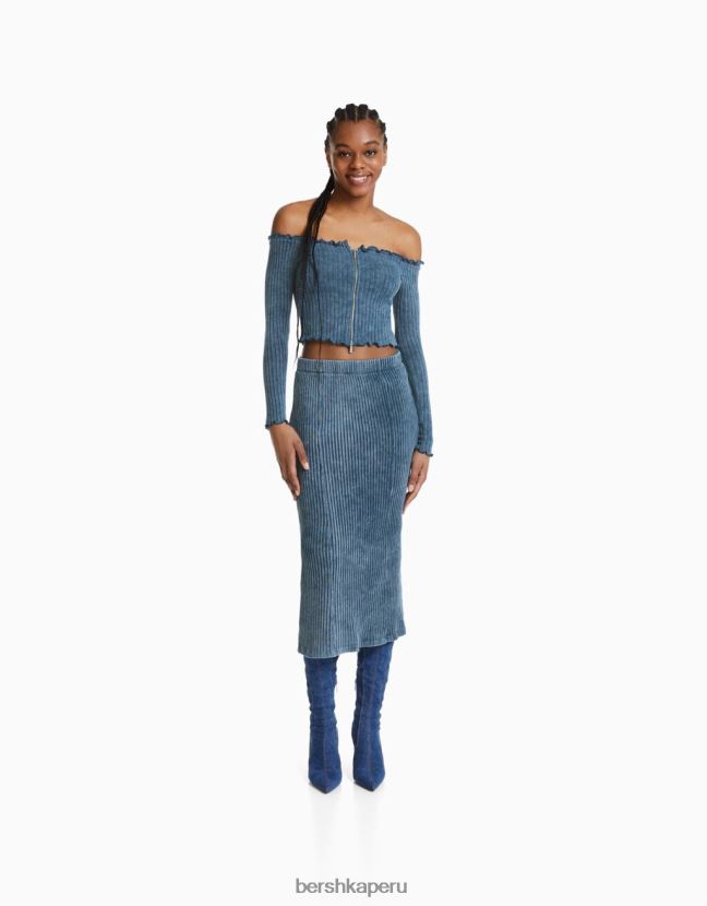 azul claro Bershka mujer camiseta ajustada de manga larga con cremallera y efecto desteñido 806J6B2044