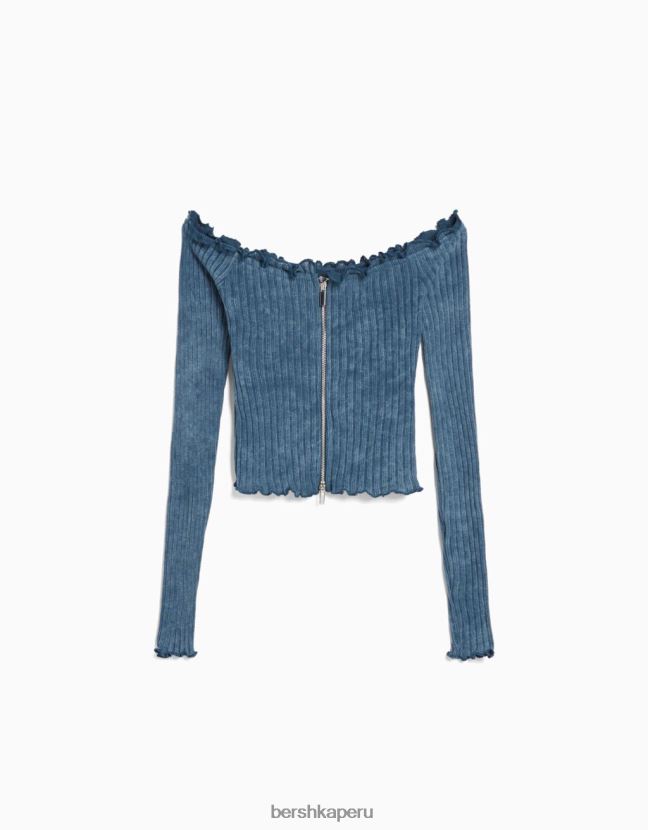 azul claro Bershka mujer camiseta ajustada de manga larga con cremallera y efecto desteñido 806J6B2044